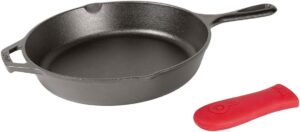 Lodge 12-inch pre-seasoned cast iron skillet with red silicone handle holder — Lodge skillet deals