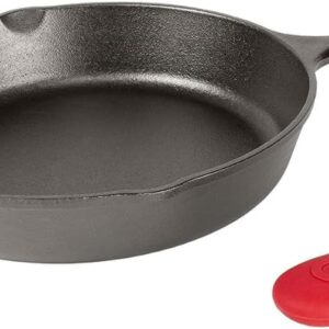 Lodge 12-inch pre-seasoned cast iron skillet with red silicone handle holder — Lodge skillet deals