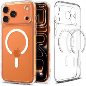 Spigen Ultra Hybrid MagFit clear case for iPhone 17 Pro with anti-yellowing and reinforced camera bumper
