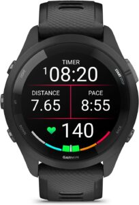 Garmin Forerunner 265 running smartwatch with colorful AMOLED display in black and powder gray