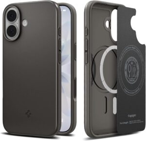 Spigen Thin Fit MagFit iPhone 17 case in gunmetal — TPU camera-control MagSafe cover
