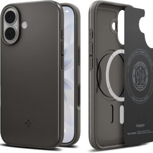 Spigen Thin Fit MagFit iPhone 17 case in gunmetal — TPU camera-control MagSafe cover