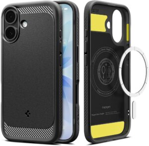 Spigen Rugged Armor MagFit case for iPhone 17 in matte black with MagSafe compatibility
