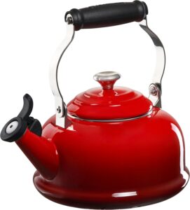Le Creuset 1.7-qt enamel whistling tea kettle in Cerise — compact quick-boil bedside kettle