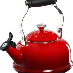 Le Creuset 1.7-qt enamel whistling tea kettle in Cerise — compact quick-boil bedside kettle