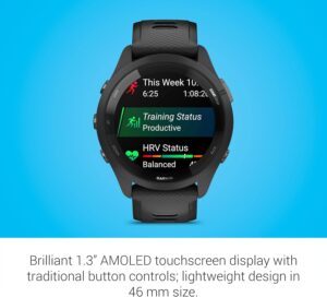 Garmin Forerunner 265 running smartwatch with colorful AMOLED display in black and powder gray