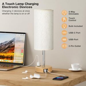 3-way touch dimmable bedside lamp with USB-C ports and AC outlet — wood base, fabric shade