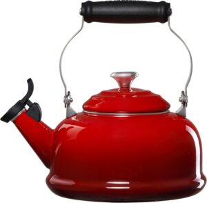 Le Creuset 1.7-qt enamel whistling tea kettle in Cerise — compact quick-boil bedside kettle