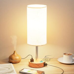 3-way touch dimmable bedside lamp with USB-C ports and AC outlet — wood base, fabric shade