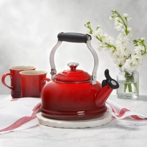 Le Creuset 1.7-qt enamel whistling tea kettle in Cerise — compact quick-boil bedside kettle
