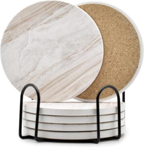 Ceramic home gathering coasters marble style 6pcs set with holder