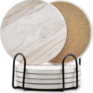 Ceramic home gathering coasters marble style 6pcs set with holder