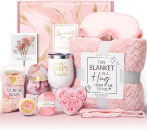 Birthday Gifts for Women featuring rose spa basket and luxury flannel blanket