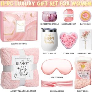 Birthday Gifts for Women featuring rose spa basket and luxury flannel blanket